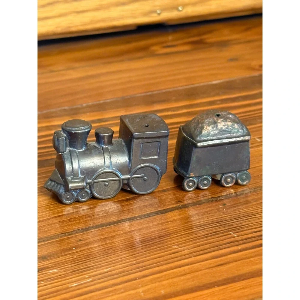 Vintage Train Salt and Pepper Shakers Metal Locomotive Tender Japan Silver Good